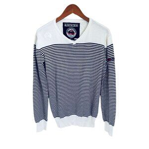 NORWAY Nautical Crewneck Sweater Blue White Cotton Stripes Logo Size Small